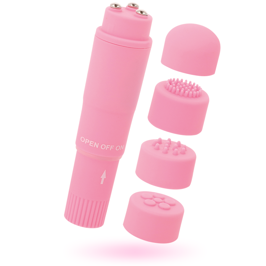 Close-up of the GLOSSY Mini Vibrador Kurt Rosa showing its compact design and interchangeable heads.
