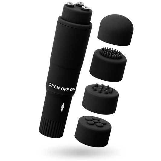 Close-up do GLOSSY Mini Massageador Kurt Preto, mostrando suas 4 cabeças intercambiáveis e design elegante.
