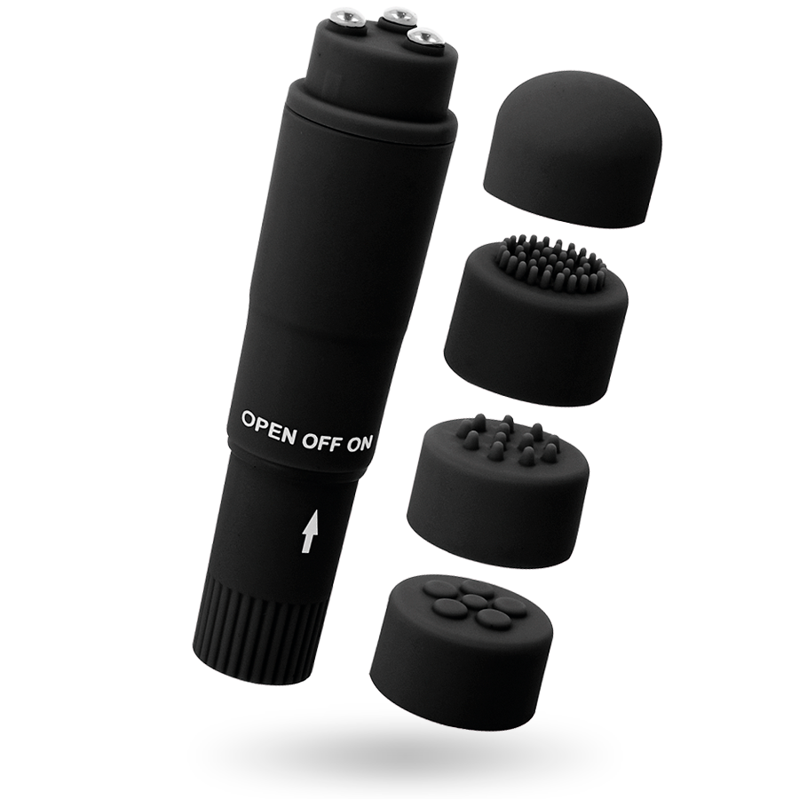 Close-up do GLOSSY Mini Massageador Kurt Preto, mostrando suas 4 cabeças intercambiáveis e design elegante.