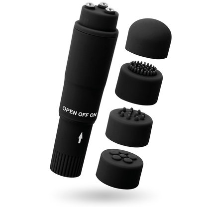 Close-up do GLOSSY Mini Massageador Kurt Preto, mostrando suas 4 cabeças intercambiáveis e design elegante.