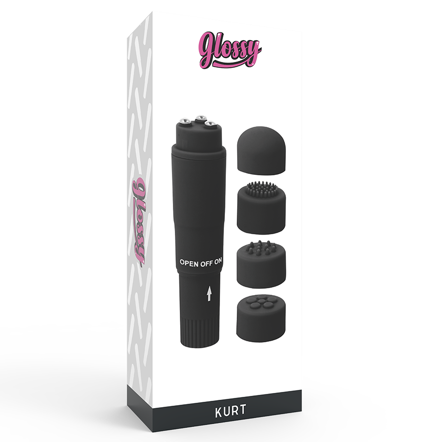 Close-up do GLOSSY Mini Massageador Kurt Preto, mostrando suas 4 cabeças intercambiáveis e design elegante.