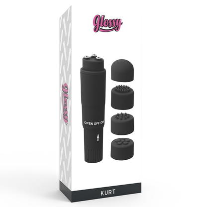 Close-up do GLOSSY Mini Massageador Kurt Preto, mostrando suas 4 cabeças intercambiáveis e design elegante.