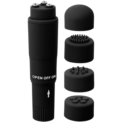 Close-up do GLOSSY Mini Massageador Kurt Preto, mostrando suas 4 cabeças intercambiáveis e design elegante.
