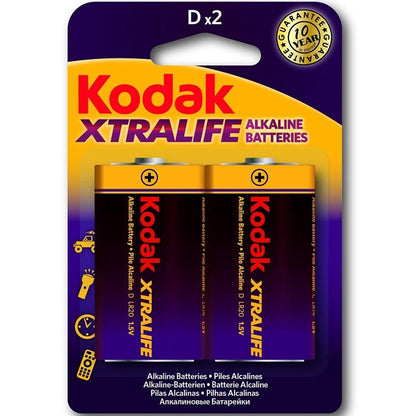 Close-up of KODAK XTRALIFE LR20 D 1,5V Alkaline Batteries (2 Unidades) showing packaging and details.