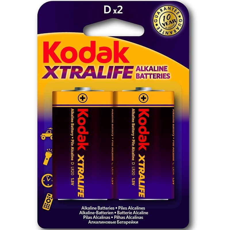 Close-up of KODAK XTRALIFE LR20 D 1,5V Alkaline Batteries (2 Unidades) showing packaging and details.