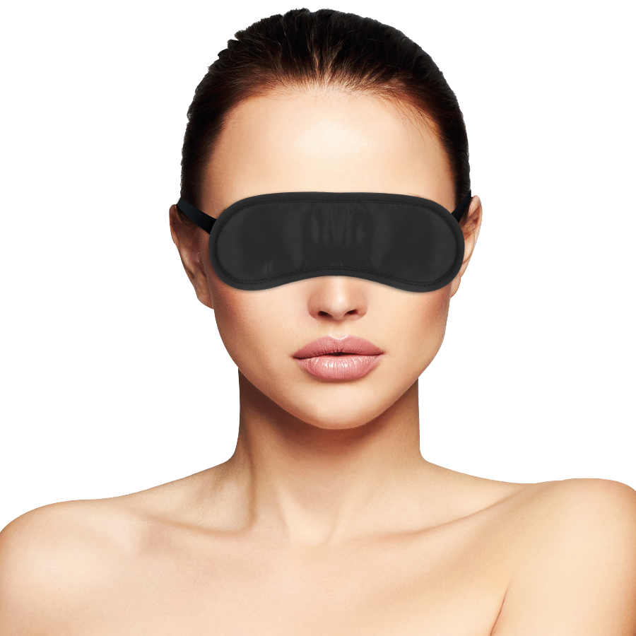 Máscara de cetim preta ajustável Darkness para jogos de BDSM e privação sensorial.