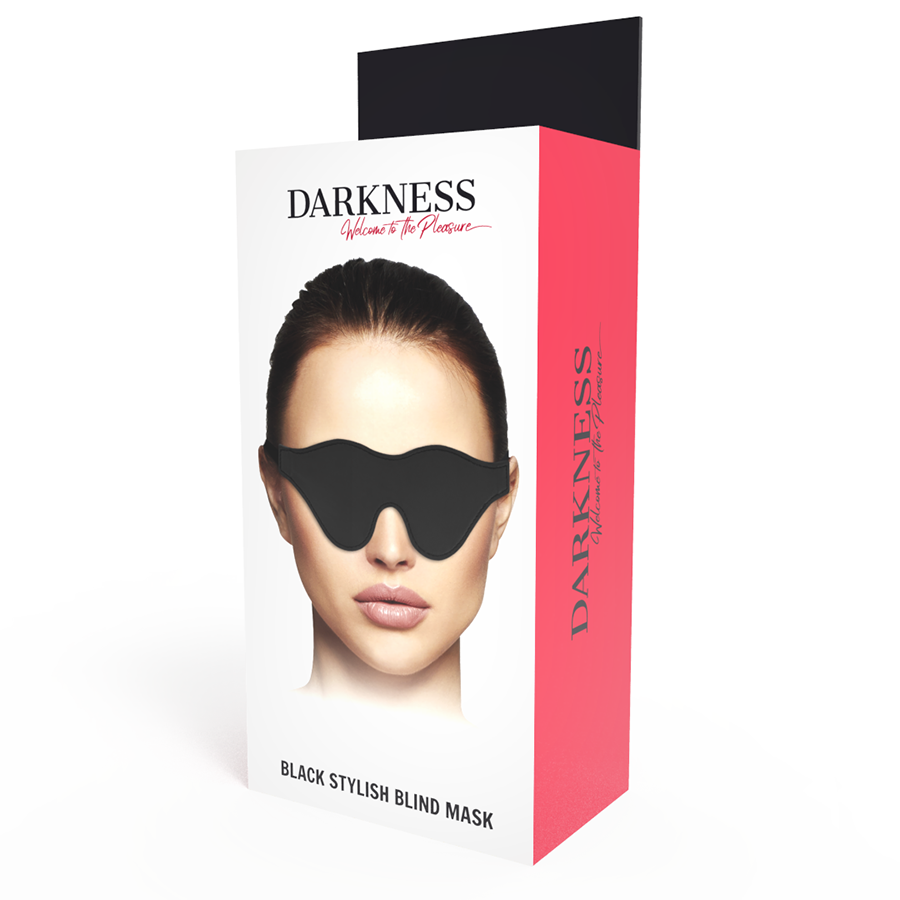 Máscara de Olhos Darkness preta em PVC para jogos sensoriais e BDSM, com faixa elástica ajustável.