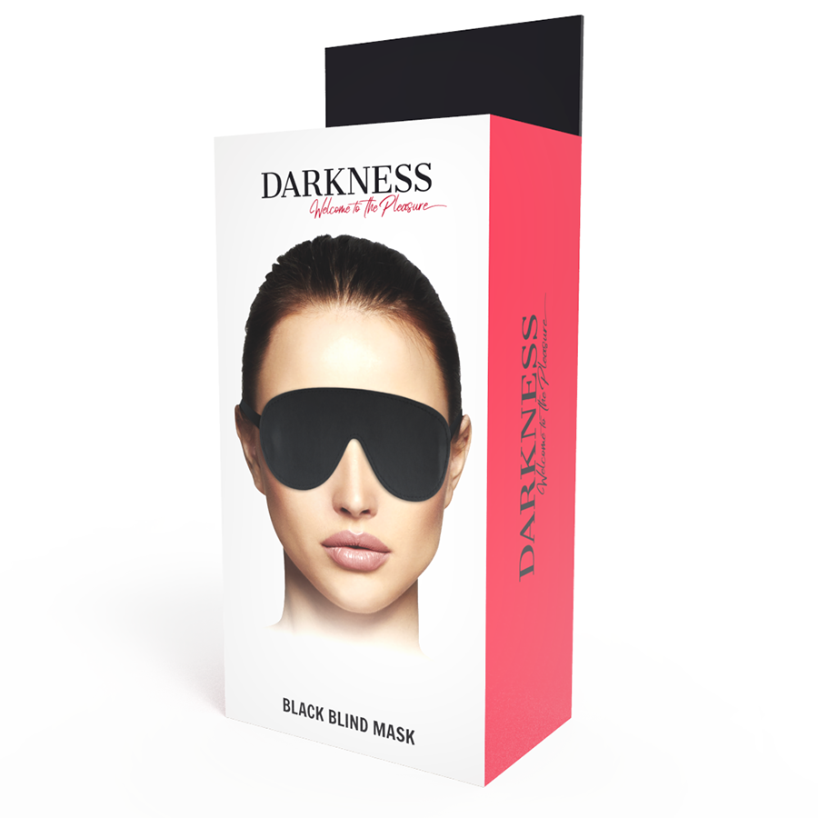 Máscara Venda Darkness preta em PVC, ajustável para jogos sensoriais