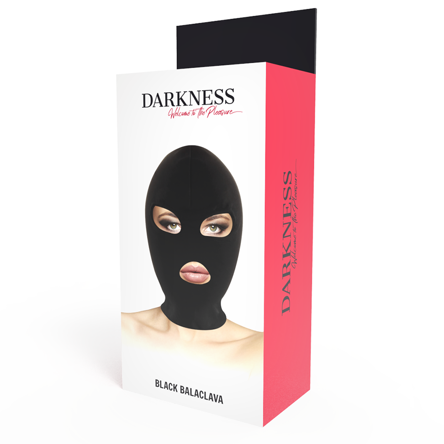 Close-up da Máscara de Submissão Darkness BDSM Spandex Preto, mostrando as aberturas para boca e olhos e o tecido maleável.