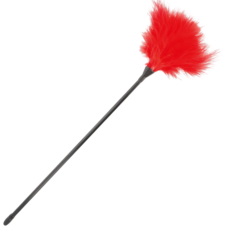 DARKNESS Estimulador de Penas Vermelho 42cm para jogos eróticos e BDSM, destacando as penas macias e o cabo para manuseio.
