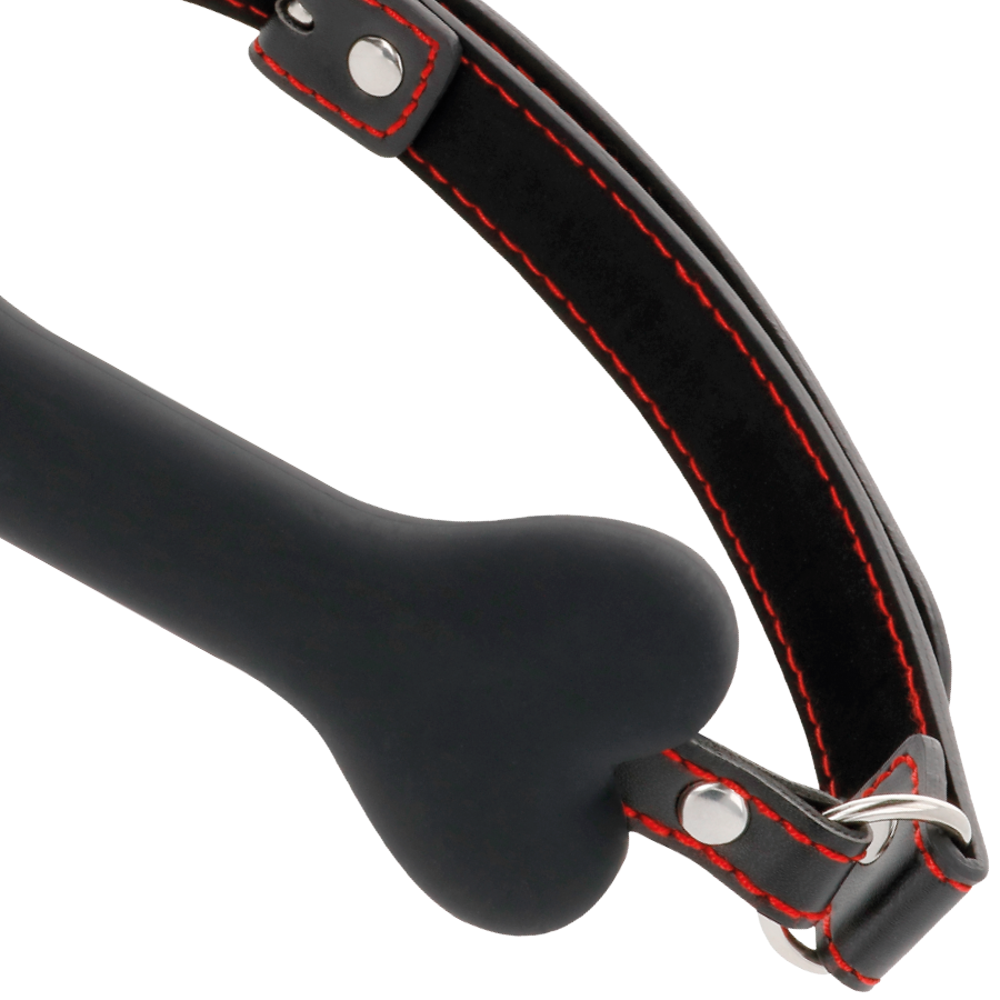 Mordaça de Silicone DARKNESS em formato de osso preto, destacando o design e as tiras ajustáveis.