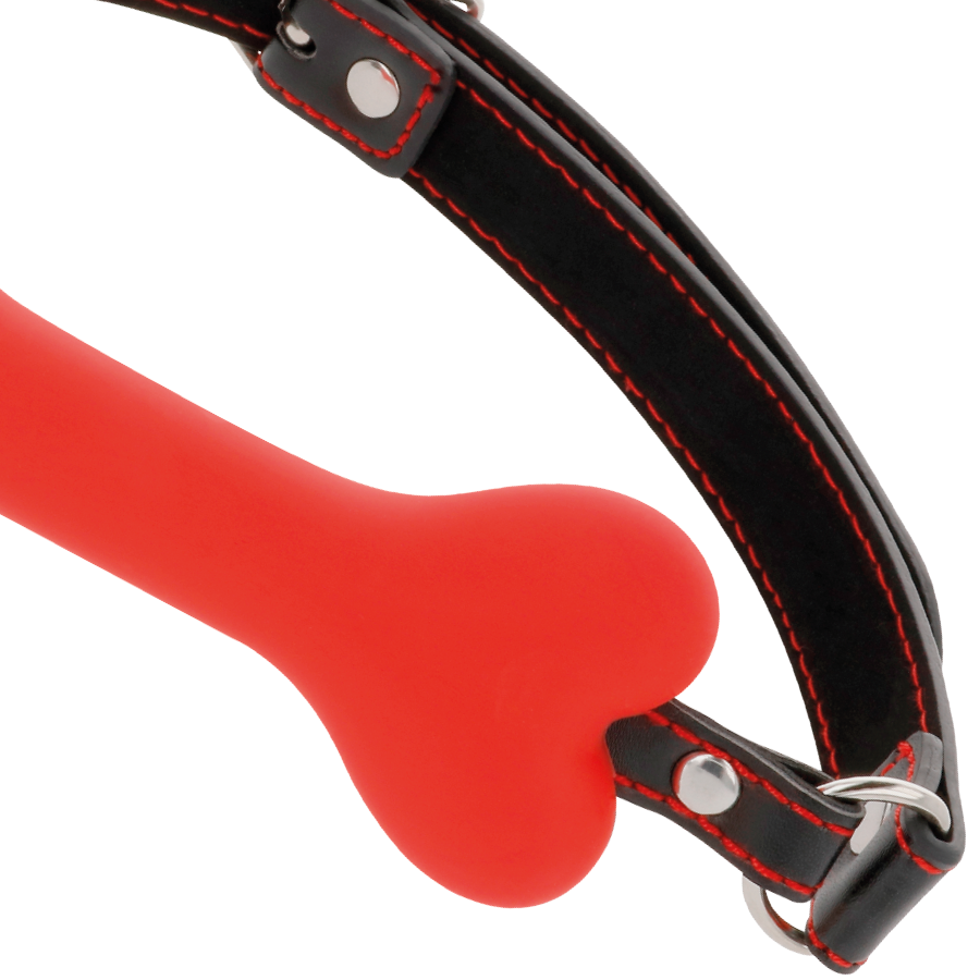 Mordaça de silicone vermelha DARKNESS em formato de osso, com tiras ajustáveis, para práticas BDSM.