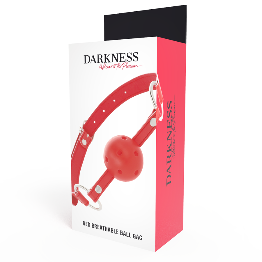 Detalhe da Mordaça Respirável Darkness em couro vermelho, mostrando as tiras ajustáveis e acabamento.