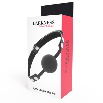 Mordaça de Silicone Preta DARKNESS com tiras de couro ajustáveis, ideal para BDSM.