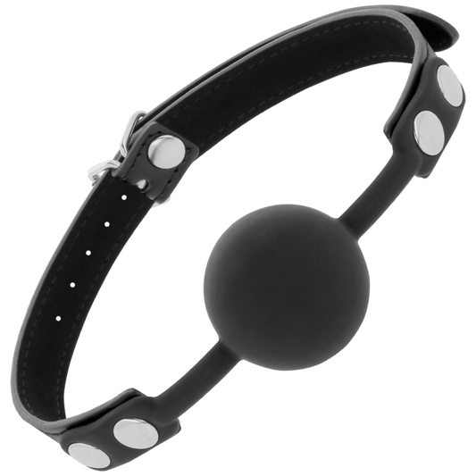 Mordaça de Silicone Preta DARKNESS com tiras de couro ajustáveis, ideal para BDSM.