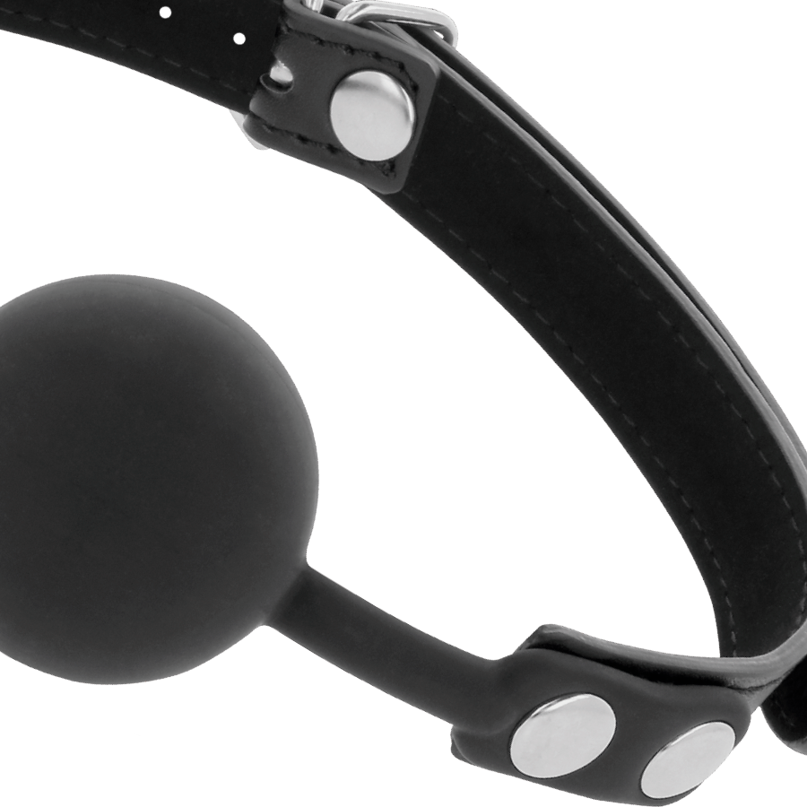 Mordaça de Silicone Preta DARKNESS com tiras de couro ajustáveis, ideal para BDSM.