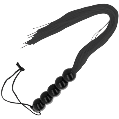 Chicote de bondage fino preto Darkness de 45cm, mostrando o design elegante e o cabo para manuseio.