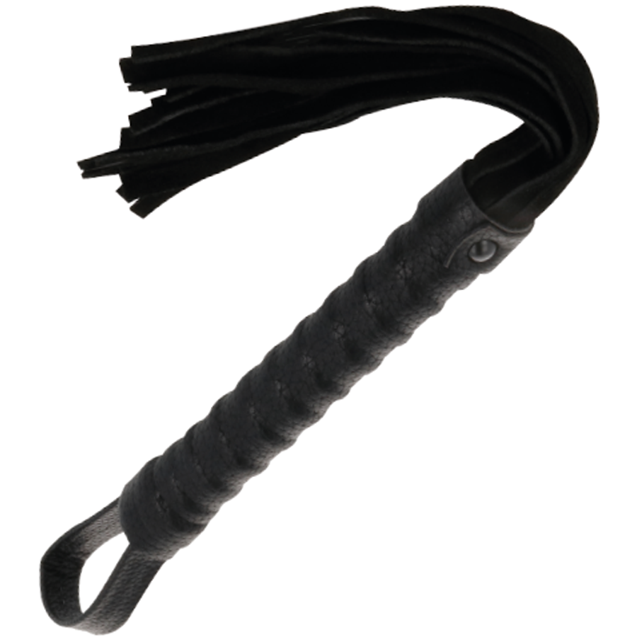 Close-up do Chicote Bondage Darkness Preto com Cabo de Couro, mostrando o design e a textura.