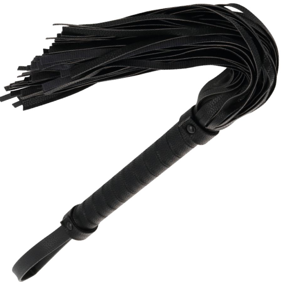 Darkness Chicote Bondage de Couro Preto 42cm para exploração BDSM e fetiche.