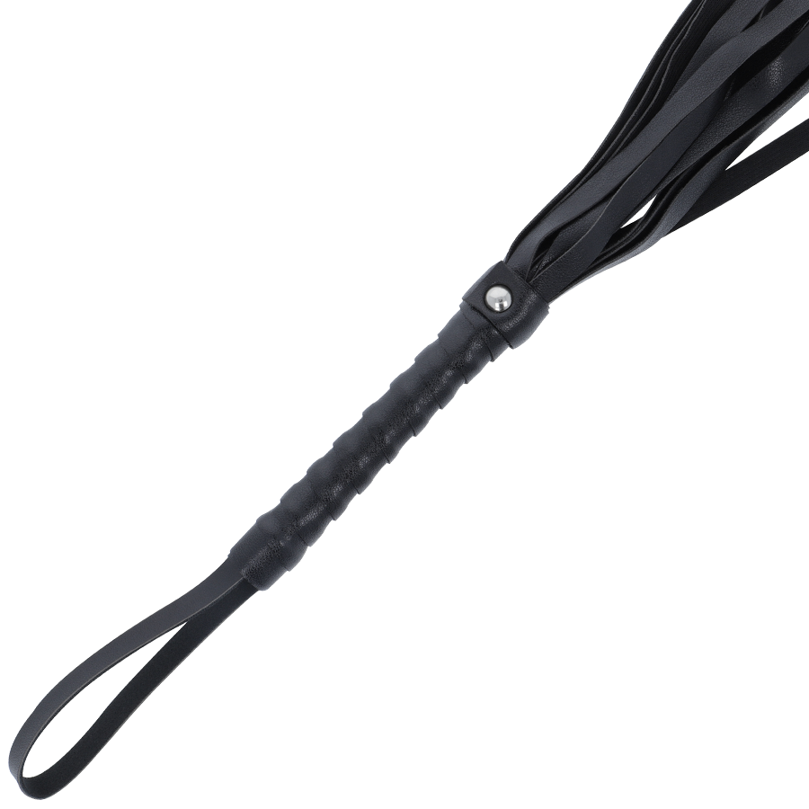 Chicote de Bondage Preto Darkness 45cm, com detalhes elegantes e alça para manuseio.