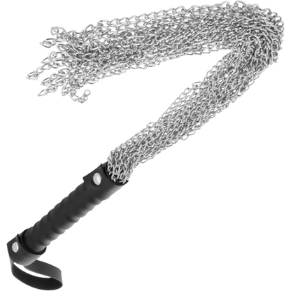 Chicote de metal Darkness para bondage BDSM, em detalhe, mostrando a alça e o design elegante.