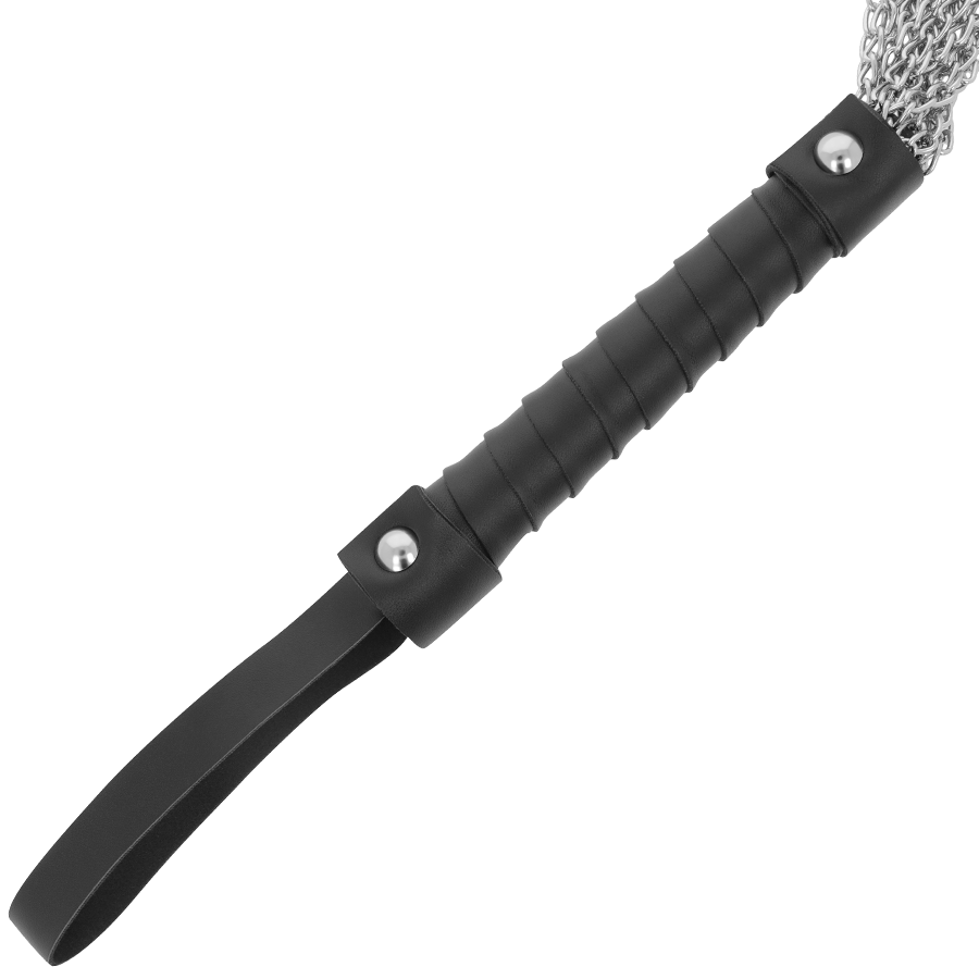 Chicote de metal Darkness para bondage BDSM, em detalhe, mostrando a alça e o design elegante.