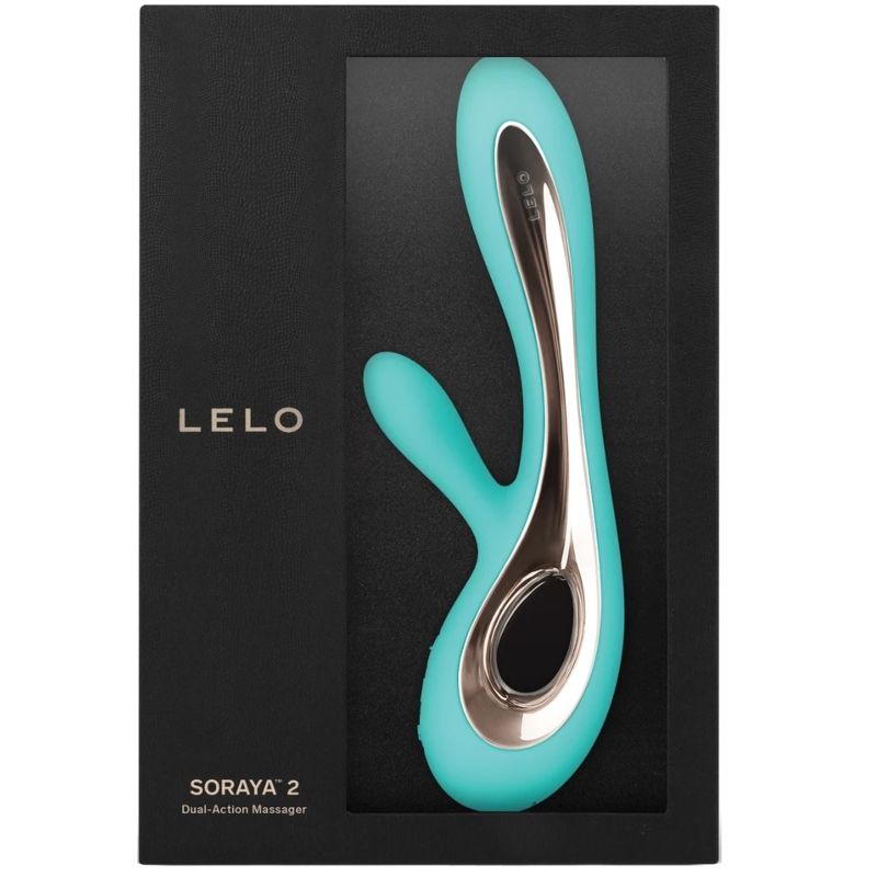Close-up do vibrador LELO Soraya 2 Coelho Aqua, destacando o design ergonómico e silicone macio.