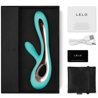 Close-up do vibrador LELO Soraya 2 Coelho Aqua, destacando o design ergonómico e silicone macio.