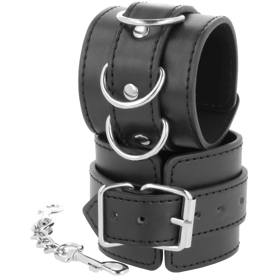 Close-up das Algemas de Tornozelo Darkness de couro ajustáveis pretas, mostrando o material e fivelas.