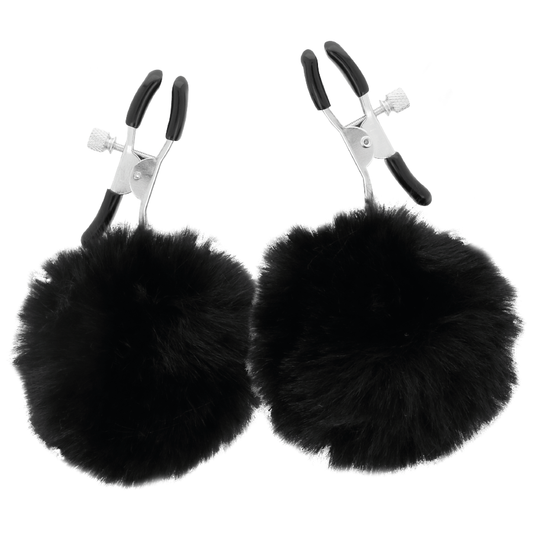 Pinças para bicos Darkness com pompons, ajustáveis para estimulação e jogos BDSM.