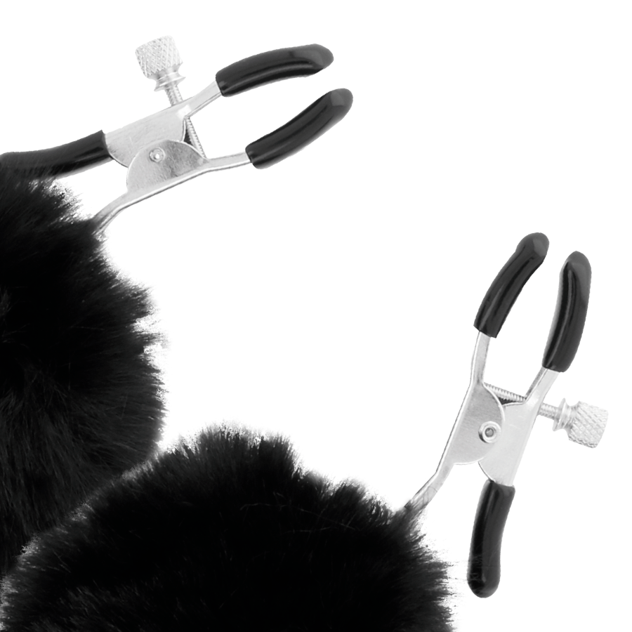 Pinças para bicos Darkness com pompons, ajustáveis para estimulação e jogos BDSM.