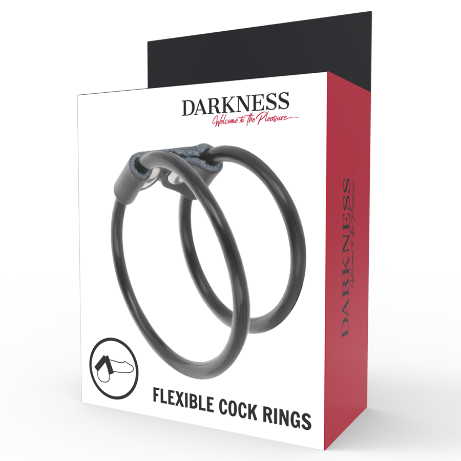 Close-up do Anel Peniano Duplo Flexível Darkness em couro e borracha, mostrando detalhes e flexibilidade para ereções prolongadas.