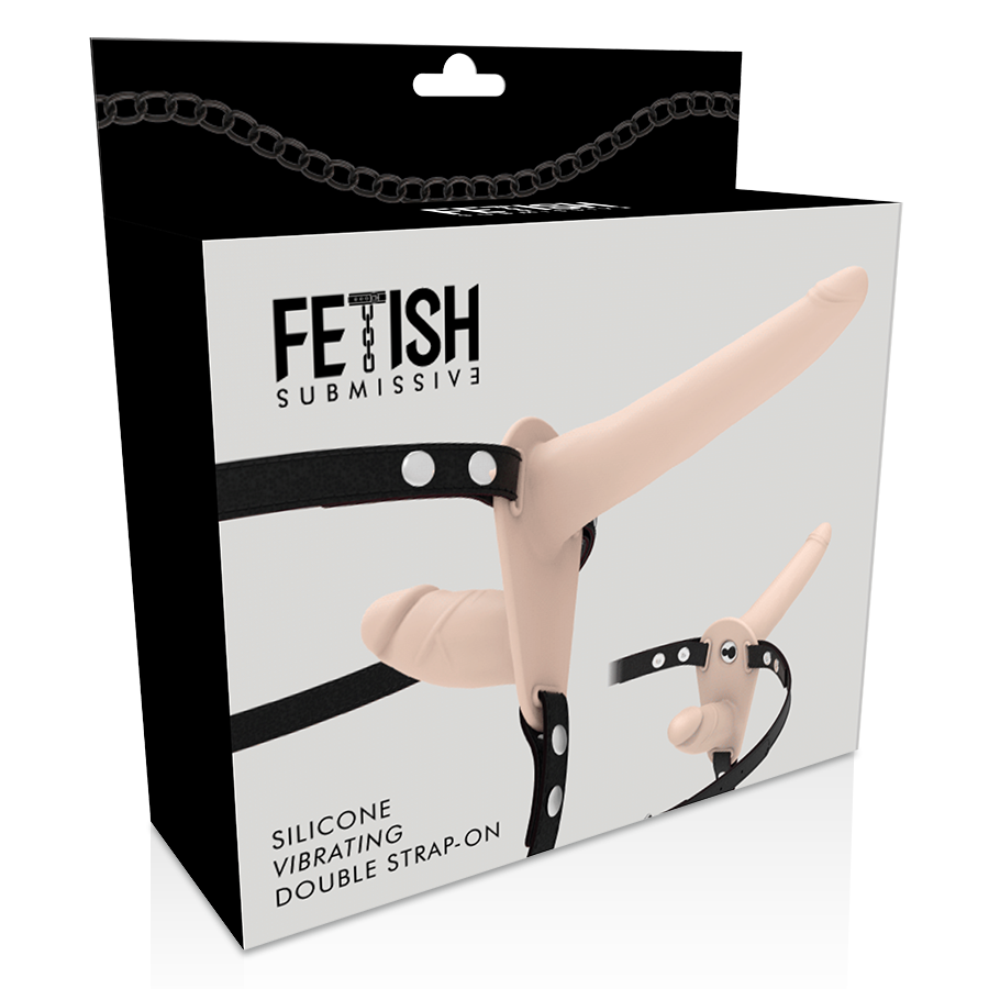 Close-up do Arnês de Dupla Penetração Submissiva Flesh Up com vibrador, mostrando detalhes do silicone e arnés ajustável.