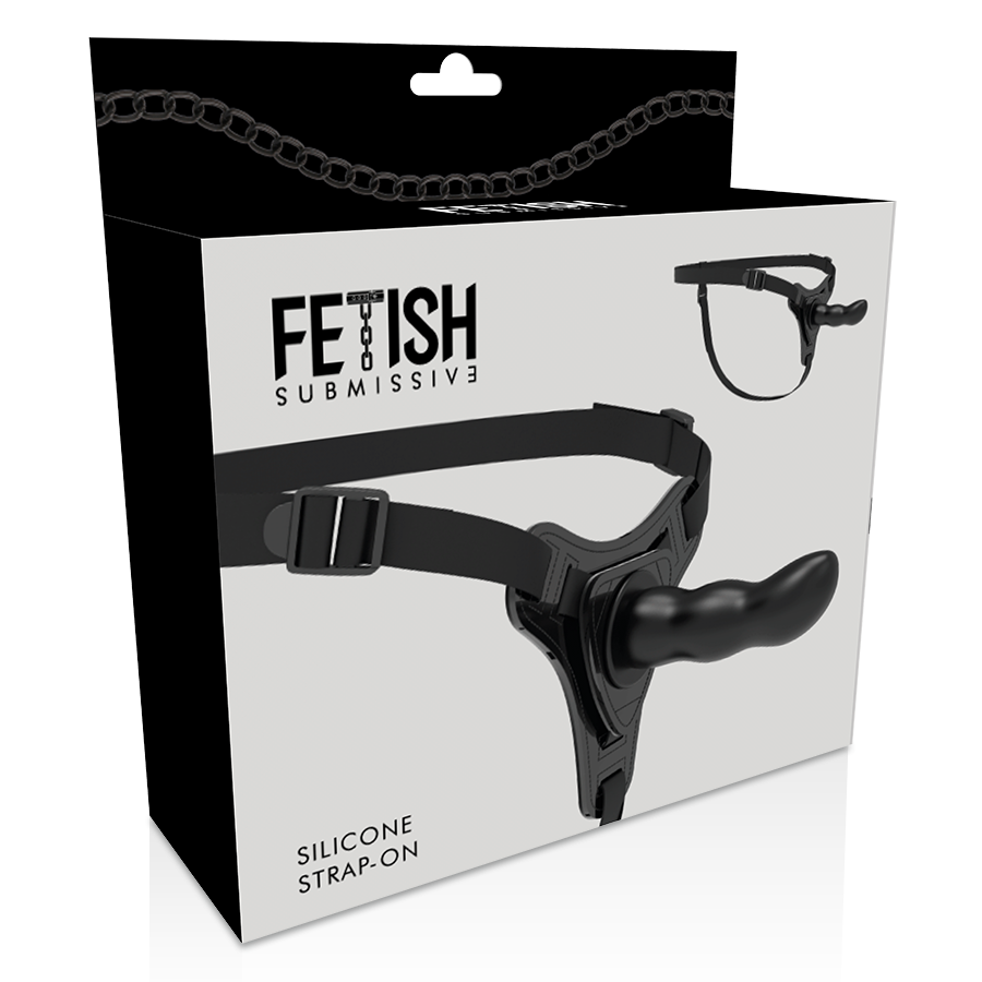 Close-up of the Fetish Submissive Silicone Harness in black, showing its flexible texture and 16cm G-spot tip.