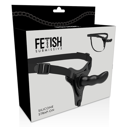 Close-up of the Fetish Submissive Silicone Harness in black, showing its flexible texture and 16cm G-spot tip.