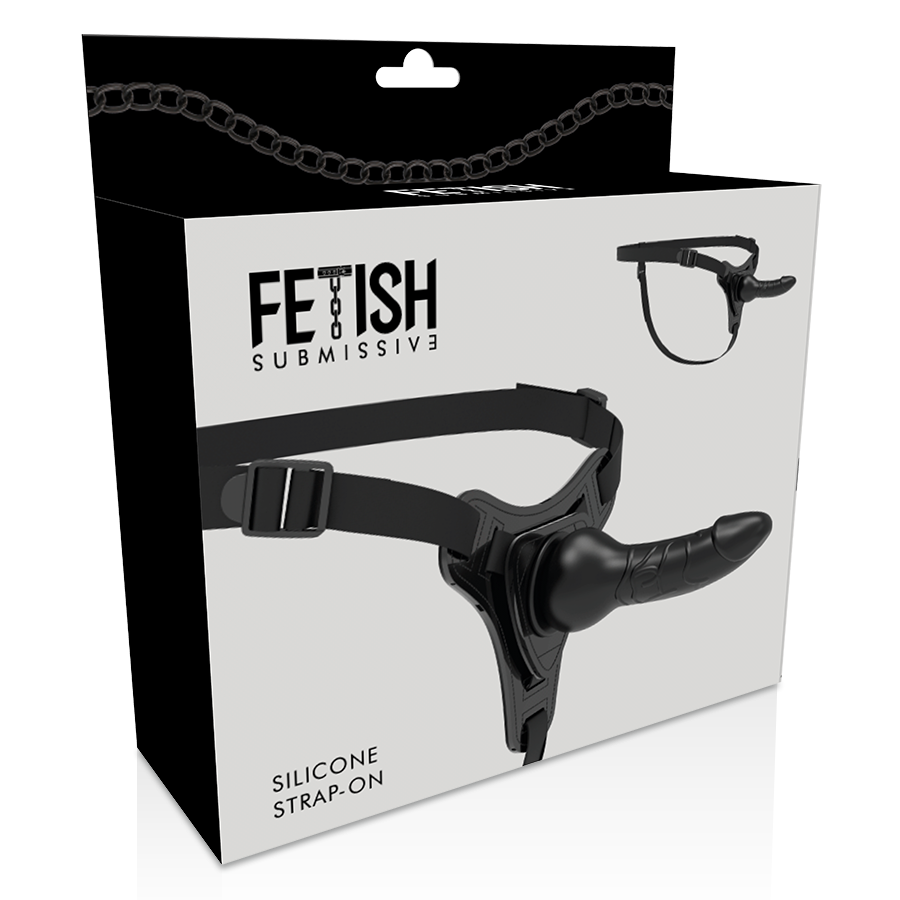 Close-up do Arnês Fetish Submissive de Silicone Preto Realista 16cm, mostrando sua textura suave e design ergonómico.
