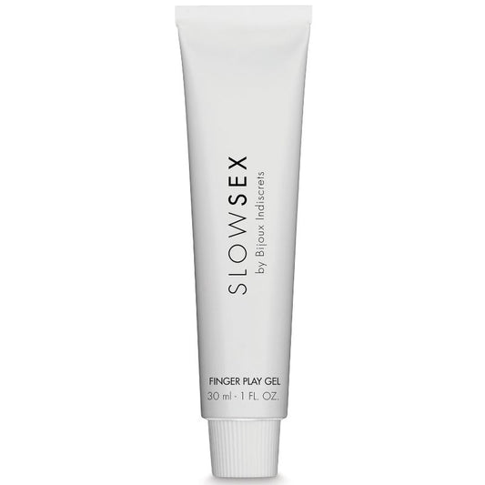 Close-up of the BIJOUX Slow Sex Gel de Massagem Íntima 30 ML showing its packaging and texture.