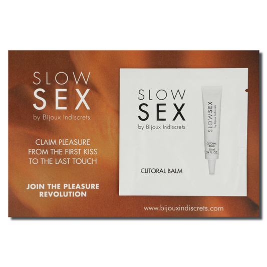 Embalagem do Bálsamo Estimulante Clitoriano BIJOUX Slow Sex 2 ML com efeito calor e aroma de coco.