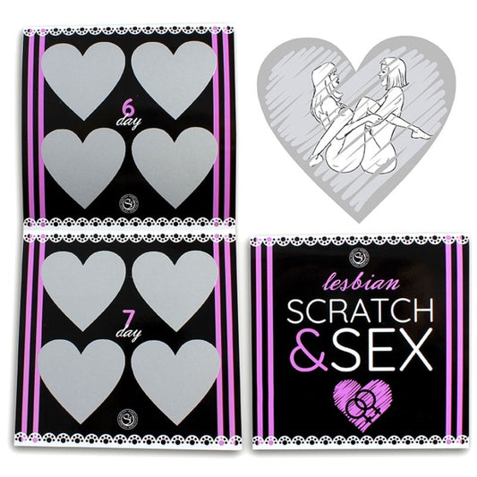 Close-up of the SECRETPLAY Jogo Scratch & Sex Lésbico, showing game cards and design for couples.