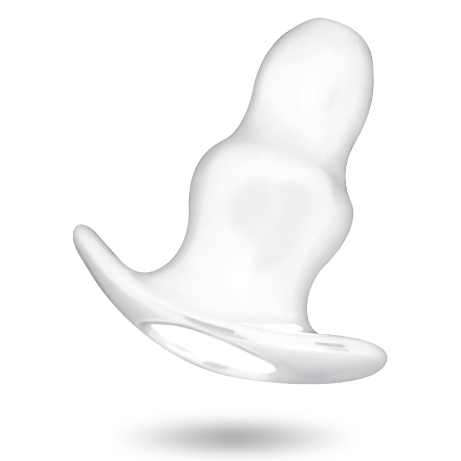 Close-up of the ADDICTED TOYS Large 13cm Anal Dilator with Hollow Tunnel, showing its transparent TPE material and two rings.
