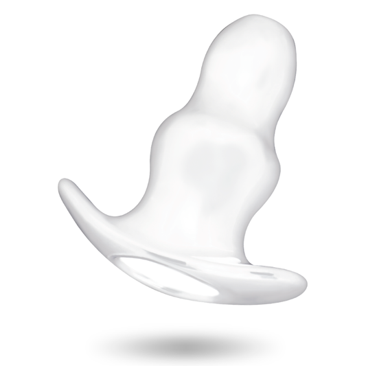 Close-up of the ADDICTED TOYS Large 13cm Anal Dilator with Hollow Tunnel, showing its transparent TPE material and two rings.