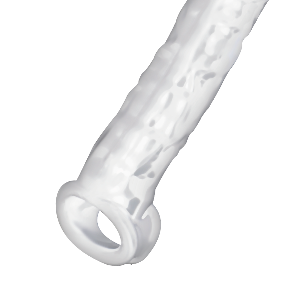 Close-up do Extensor Peniano Transparente ADDICTED TOYS, detalhando o material TPE e o design ergonómico para maior prazer.