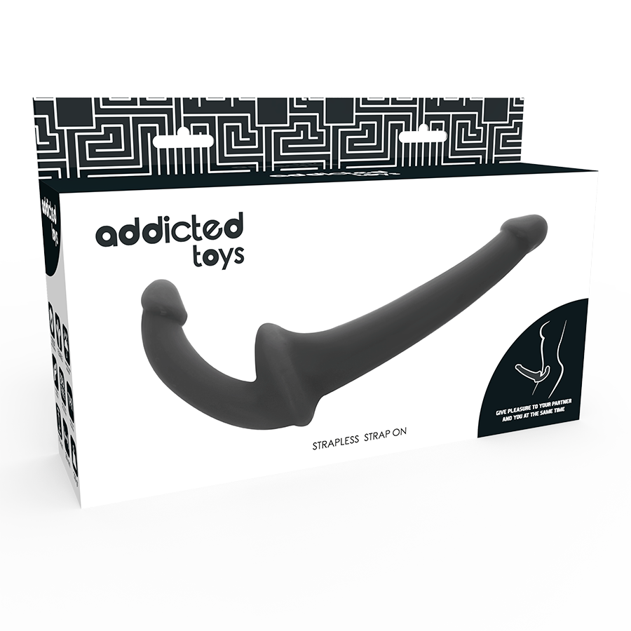 ADDICTED TOYS Dildo Duplo Sem Arnês Preto, detalhe de textura e formato ergonómico para estimulação do ponto G.