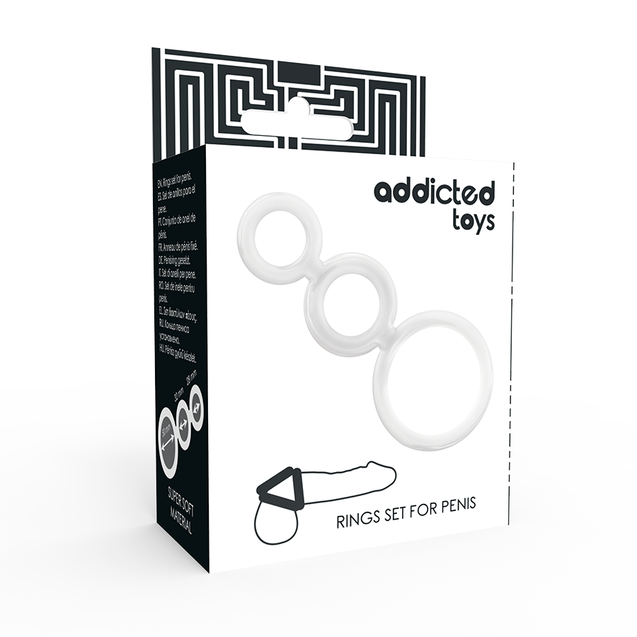 Conjunto de Anéis Penianos Transparentes Addicted Toys, mostrando os três tamanhos e o material flexível.