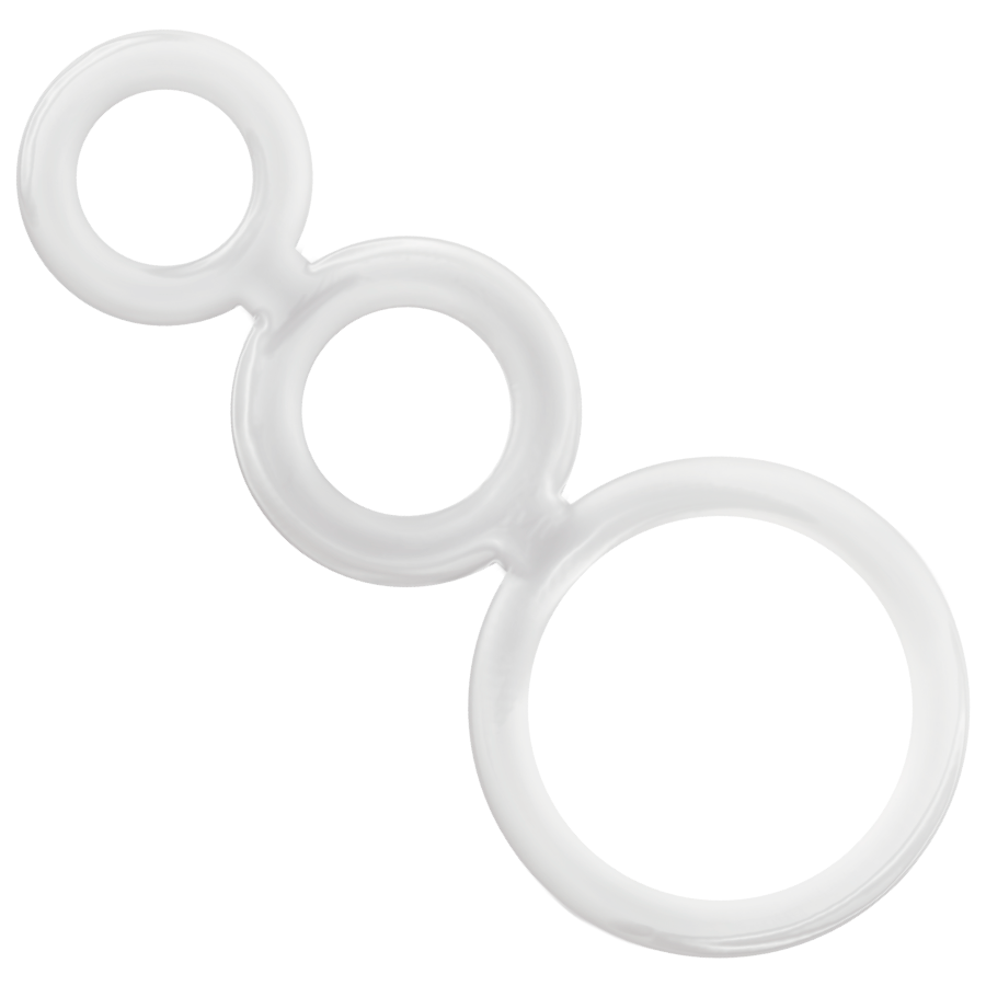 Conjunto de Anéis Penianos Transparentes Addicted Toys, mostrando os três tamanhos e o material flexível.