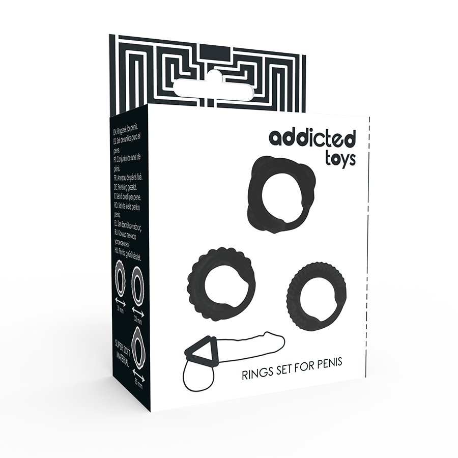 Conjunto de 3 Anéis Penianos ADDICTED TOYS na cor preta, com diferentes diâmetros, para intensificar o prazer e a ereção.