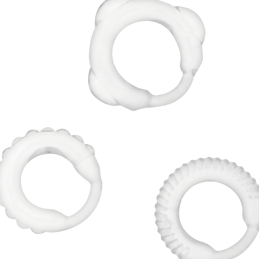 Imagem do Conjunto de Anéis Penianos ADDICTED TOYS Claro, mostrando os três tamanhos e o material transparente.