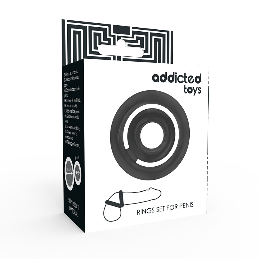 Imagem do conjunto de anéis penianos Addicted Toys Potenz C-Ring pretos, mostrando o design e o material de silicone.