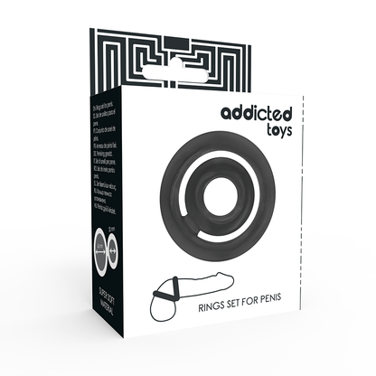 Imagem do conjunto de anéis penianos Addicted Toys Potenz C-Ring pretos, mostrando o design e o material de silicone.