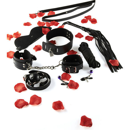 Imagem do Kit de Bondage Completo TOYJOY com máscara, pinças de mamilo, coleira, chicote, corda de algodão e mordaça.